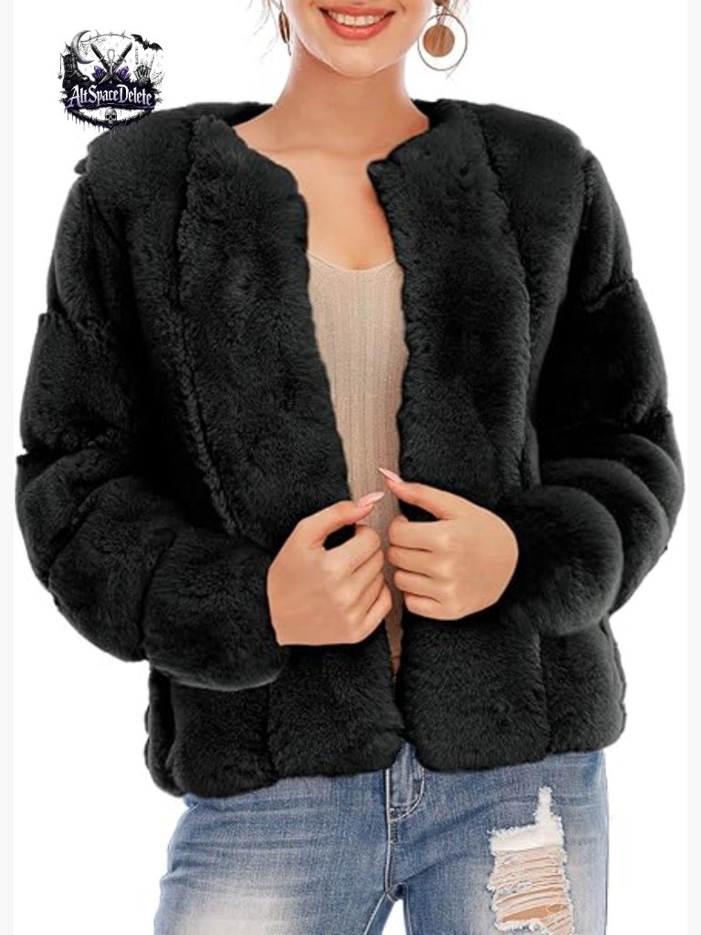 Long Sleeve Open Front Faux Fur Coat, Cocoon Silhouette, Heavyweight